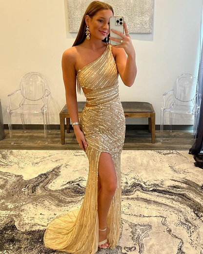 Gold One Shoulder Sequined Long Prom Party Dress,DP1050