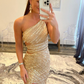 Gold One Shoulder Sequined Long Prom Party Dress,DP1050