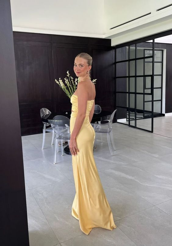 Yellow Strapless Cut Out Long Prom Dress,DP1055