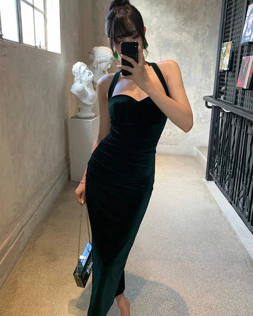 Dark Green Halter Velvet Prom Dress Formal Party Dress,DP1058