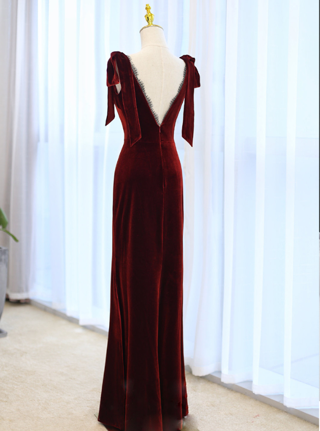 Red V Neck Velvet Mermaid Long Prom Dress Formal Party Dress,DP1059