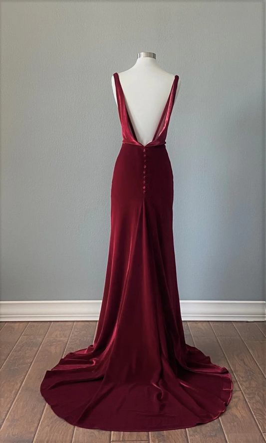 Burgundy Backless Velvet Long Prom Dress Formal Party Dress,DP1061