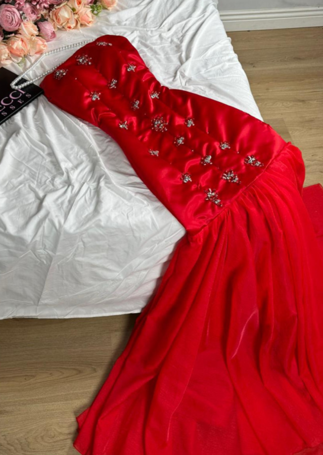 Red Strapless Tulle Long Prom Dress Wedding Dress with Beads,DP1062