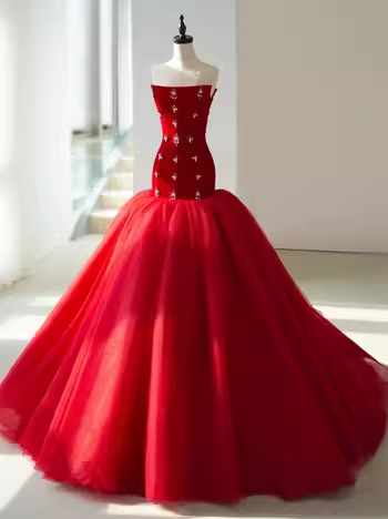 Red Strapless Tulle Long Prom Dress Wedding Dress with Beads,DP1062