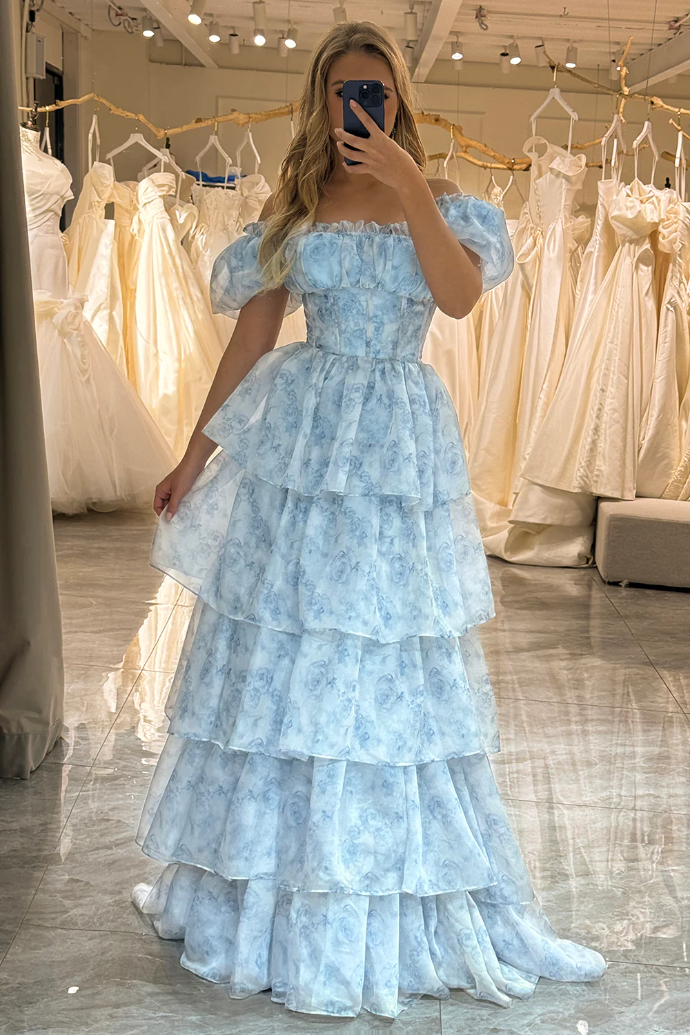 Light Blue Off Shoulder Tulle Tiered Long Prom Dress,DP1066