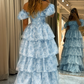 Light Blue Off Shoulder Tulle Tiered Long Prom Dress,DP1066