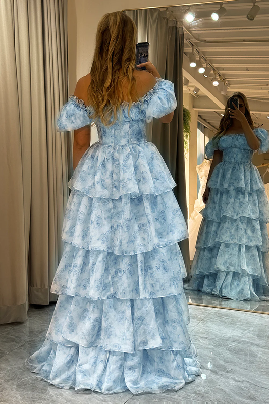 Light Blue Off Shoulder Tulle Tiered Long Prom Dress,DP1066