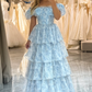 Light Blue Off Shoulder Tulle Tiered Long Prom Dress,DP1066