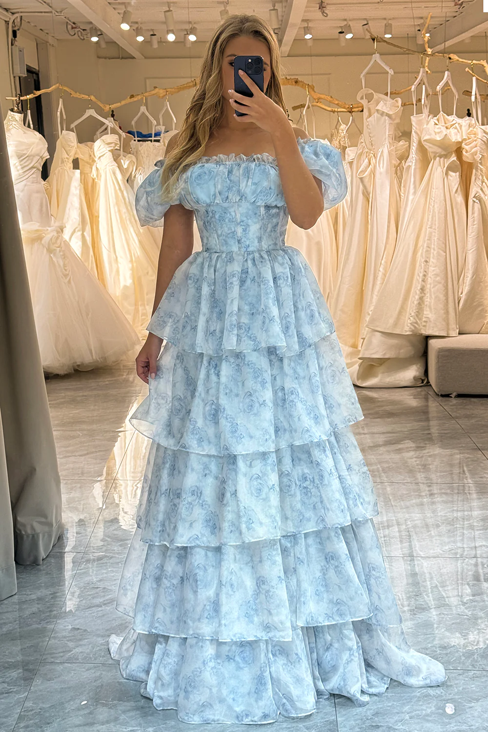 Light Blue Off Shoulder Tulle Tiered Long Prom Dress,DP1066