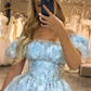 Light Blue Off Shoulder Tulle Tiered Long Prom Dress,DP1066