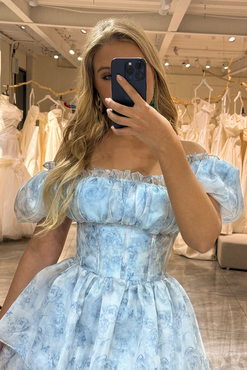 Light Blue Off Shoulder Tulle Tiered Long Prom Dress,DP1066