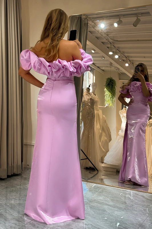 Chic Pink Off Shoulder Long Prom Dress with Slit,DP1067