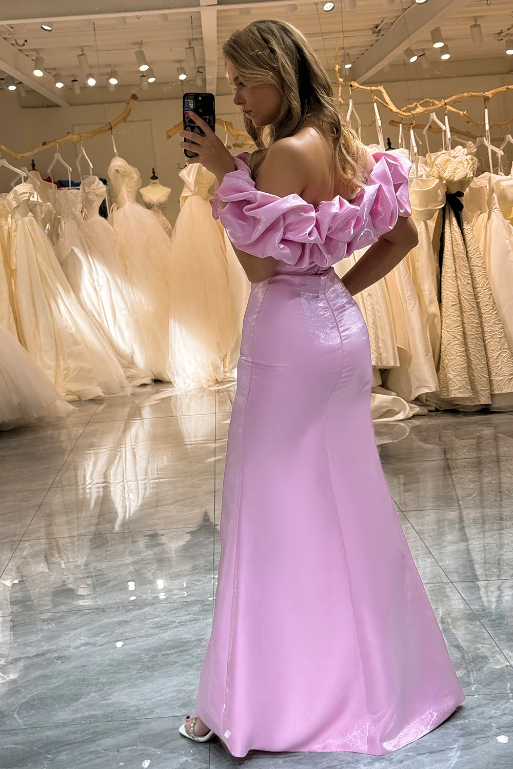 Chic Pink Off Shoulder Long Prom Dress with Slit,DP1067