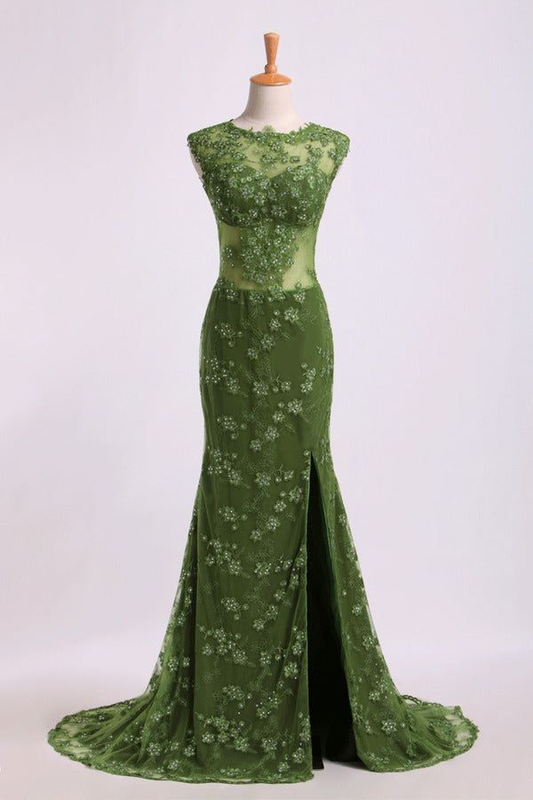 Green Backless Appliques Beading Formal Prom Party Dress,DP1069