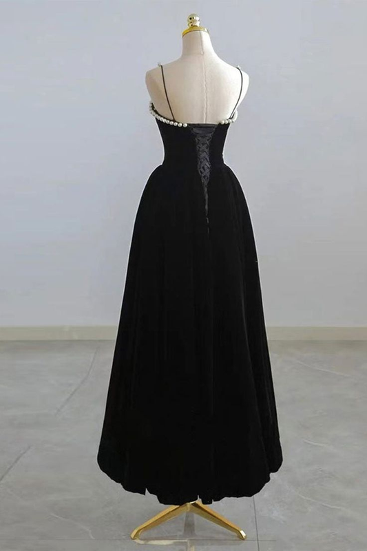 Black Velvet Tea Length Formal Prom Dress with Pearl,DP1070