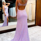 Sparkle Lilac V Neck Backless Long Prom Dress with Slit,DP1071