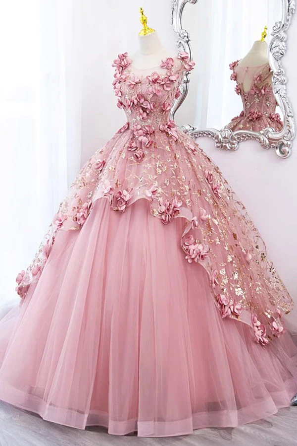 Pink A-Line Floral Tulle Lace Long Prom Dress Sweet Ball Gown,DP1072