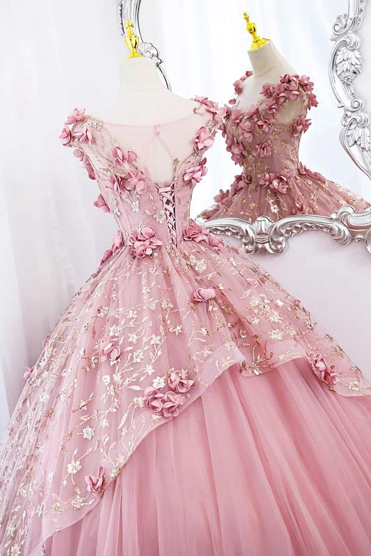 Pink A-Line Floral Tulle Lace Long Prom Dress Sweet Ball Gown,DP1072