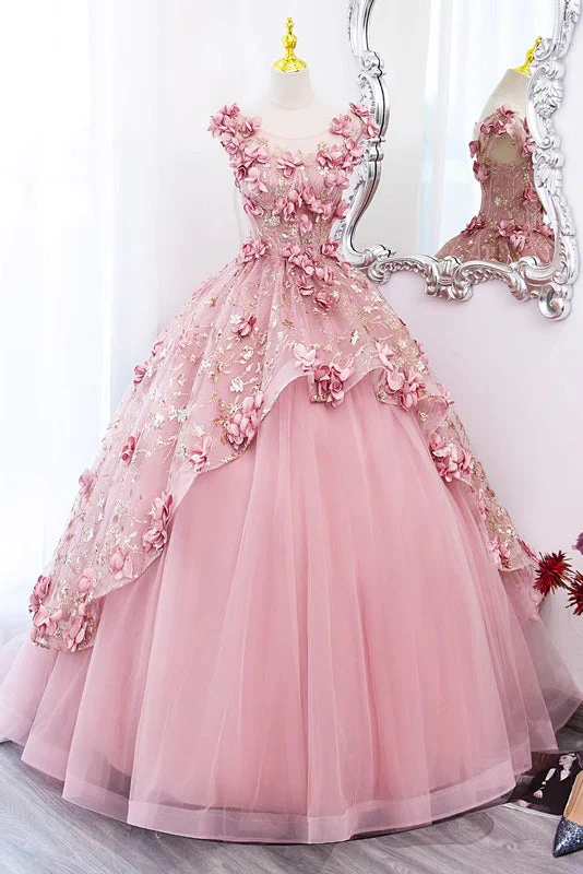 Pink A-Line Floral Tulle Lace Long Prom Dress Sweet Ball Gown,DP1072