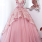 Pink A-Line Floral Tulle Lace Long Prom Dress Sweet Ball Gown,DP1072