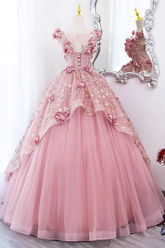 Pink A-Line Floral Tulle Lace Long Prom Dress Sweet Ball Gown,DP1072