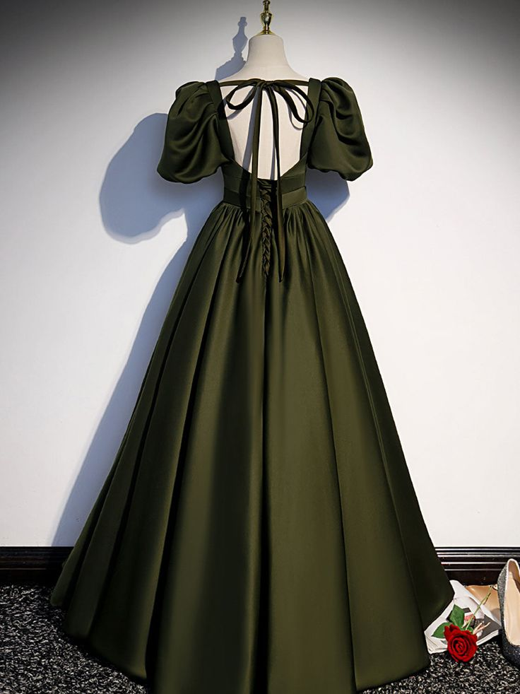 Green Puffy Sleeves A-Line Formal Dress Evening Gown,DP1073