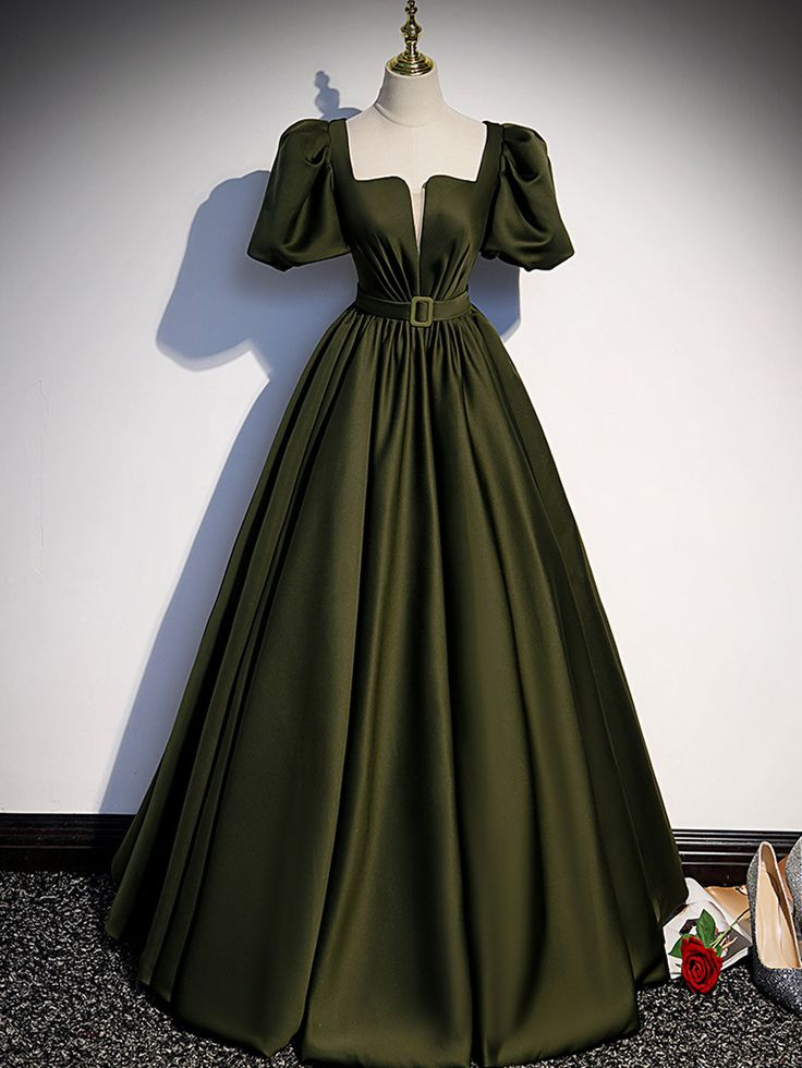 Green Puffy Sleeves A-Line Formal Dress Evening Gown,DP1073