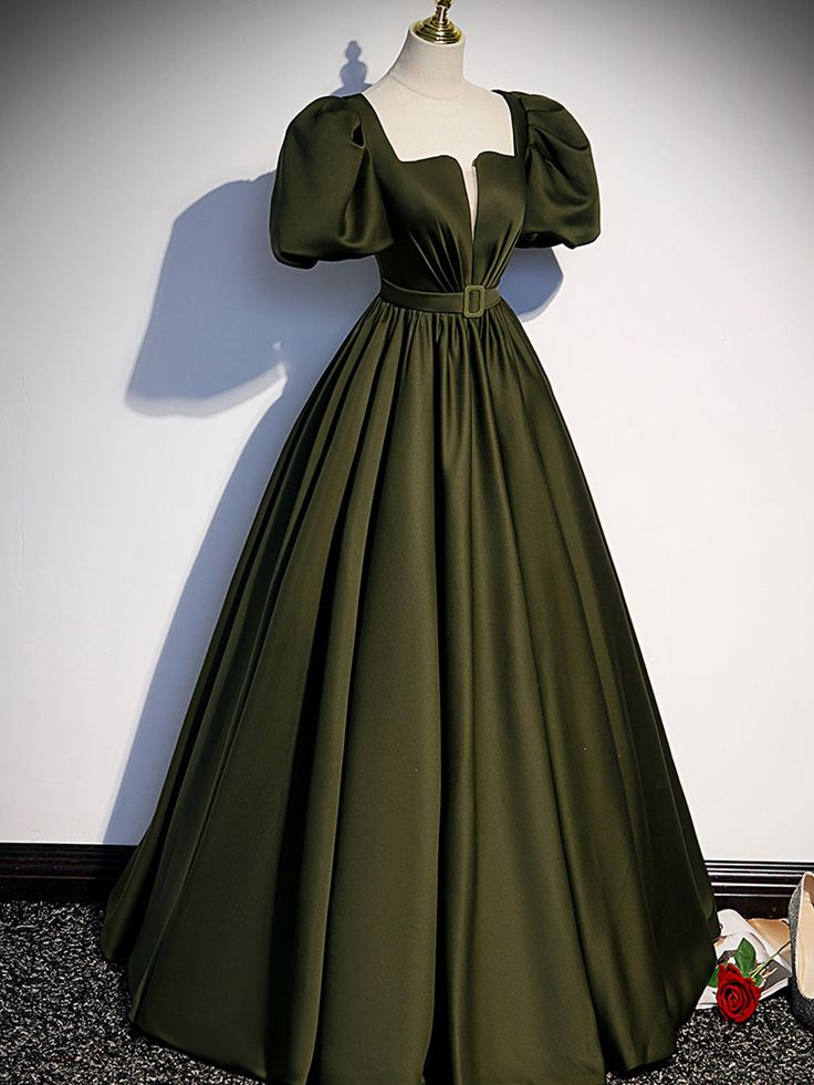 Green Puffy Sleeves A-Line Formal Dress Evening Gown,DP1073