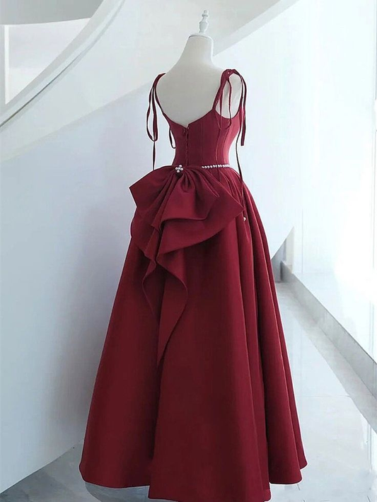 Burgundy A-Line Long Prom Dress Evening Gown with Pearls,DP1074