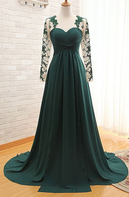 Green A-Line Long Sleeves Formal Prom Dress Evening Gown,DP1075