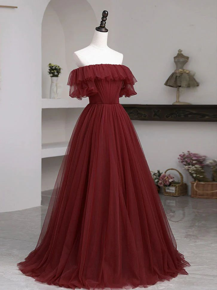 Burgundy A-Line Off Shoulder Tulle Formal Prom Dress Evening Gown,DP1076