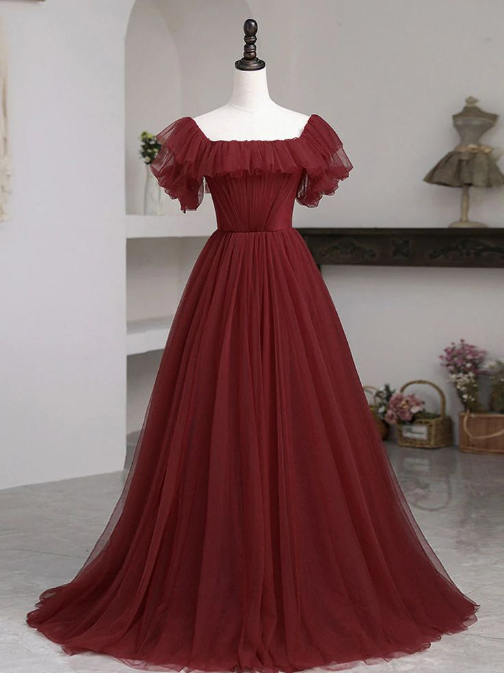 Burgundy A-Line Off Shoulder Tulle Formal Prom Dress Evening Gown,DP1076