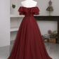 Burgundy A-Line Off Shoulder Tulle Formal Prom Dress Evening Gown,DP1076