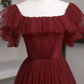 Burgundy A-Line Off Shoulder Tulle Formal Prom Dress Evening Gown,DP1076