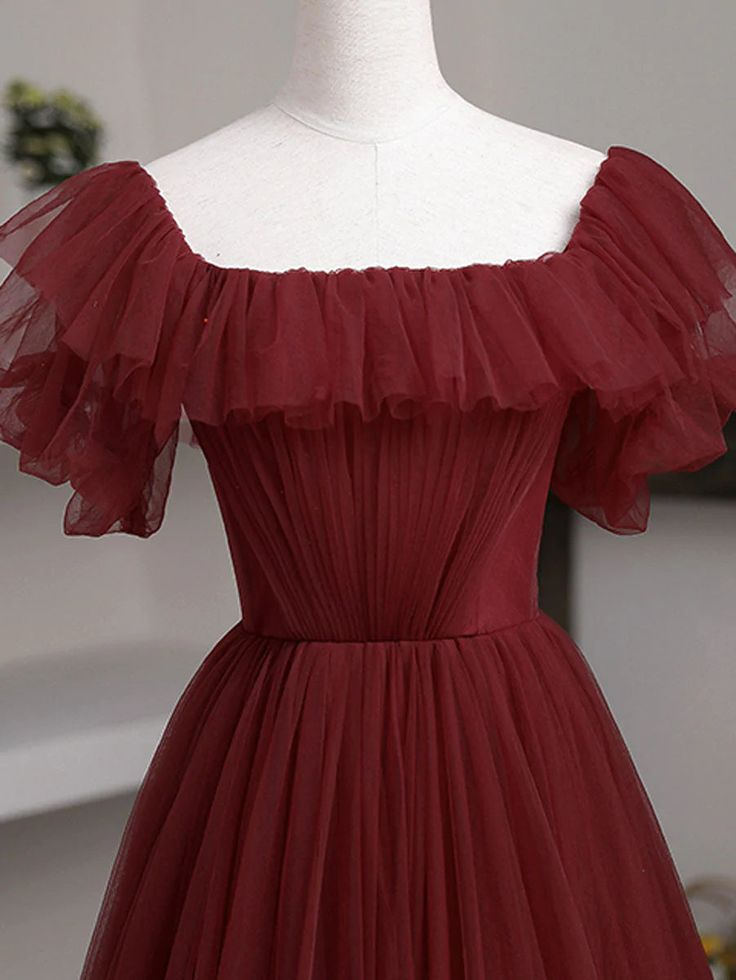 Burgundy A-Line Off Shoulder Tulle Formal Prom Dress Evening Gown,DP1076