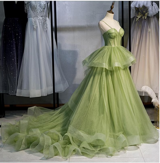 Green Spaghetti Straps Tulle Long Prom Dress Evening Gown,DP1078