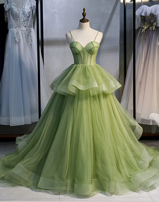 Green Spaghetti Straps Tulle Long Prom Dress Evening Gown,DP1078