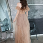 Champagne Off Shoulder Tulle Lace Long Prom Dress,DP1080