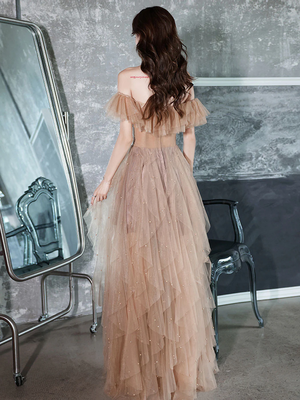 Champagne Off Shoulder Tulle Lace Long Prom Dress,DP1080