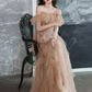 Champagne Off Shoulder Tulle Lace Long Prom Dress,DP1080