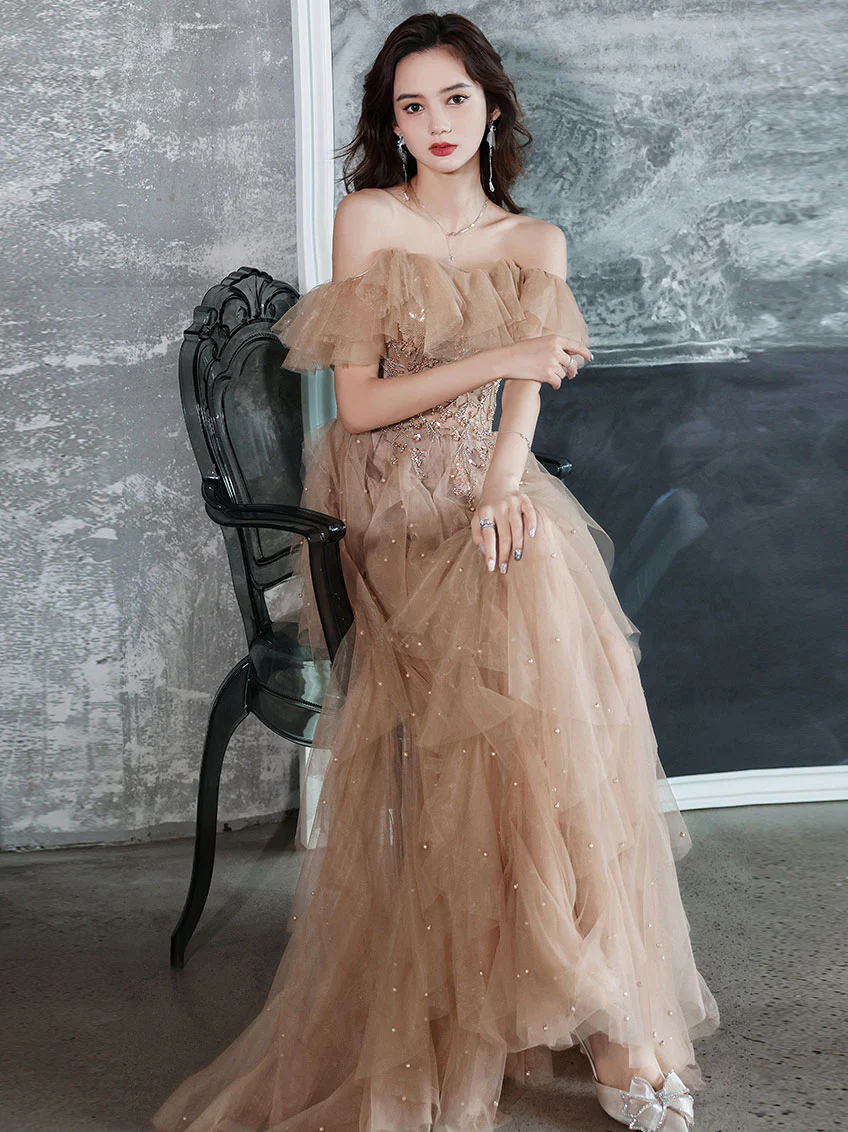 Champagne Off Shoulder Tulle Lace Long Prom Dress,DP1080