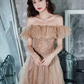 Champagne Off Shoulder Tulle Lace Long Prom Dress,DP1080