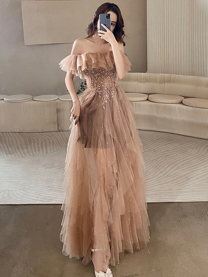 Champagne Off Shoulder Tulle Lace Long Prom Dress,DP1080