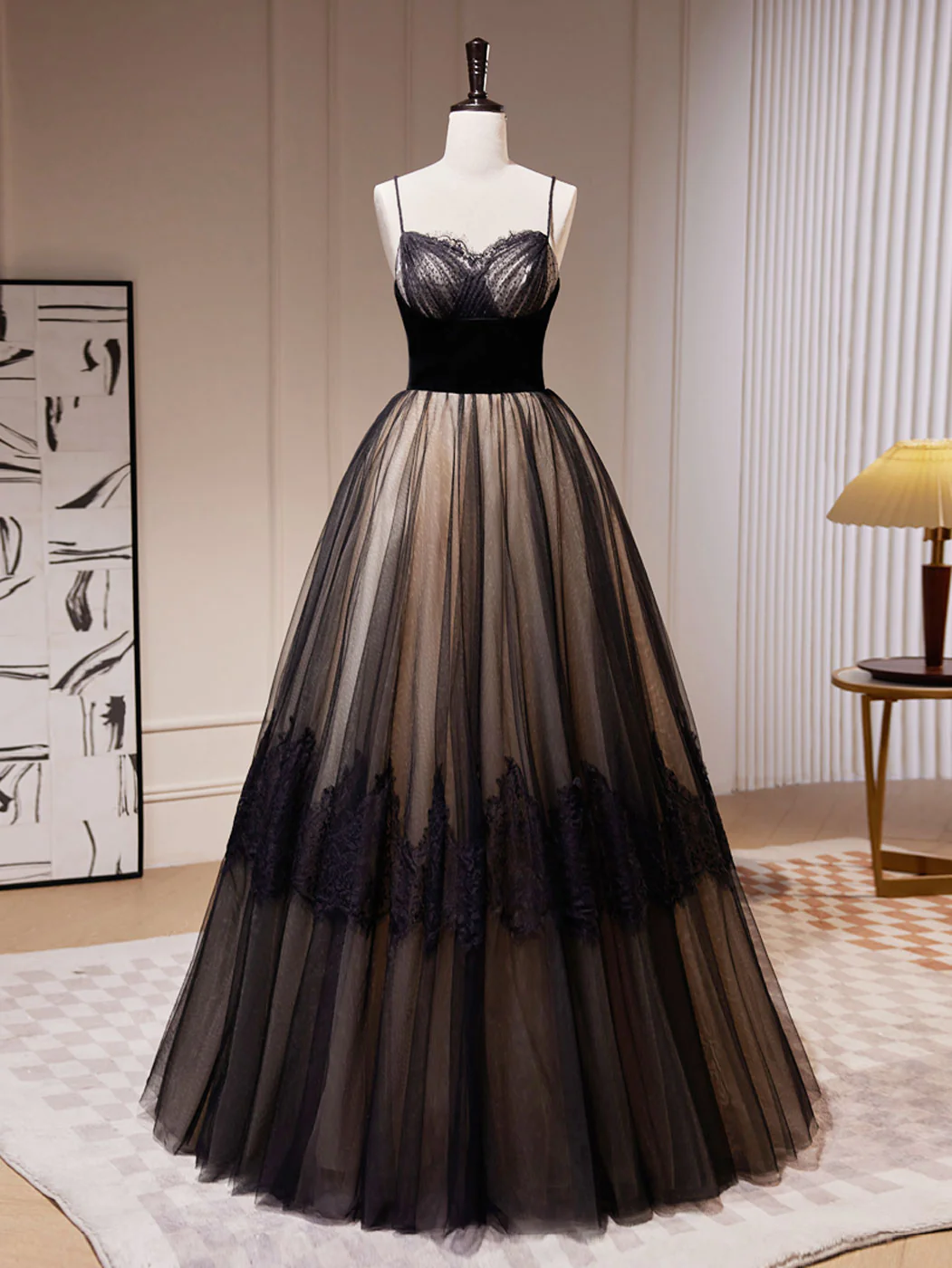 Black A-Line Spaghetti Straps Tulle Lace Long Prom Dress,DP1081