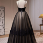 Black A-Line Spaghetti Straps Tulle Lace Long Prom Dress,DP1081