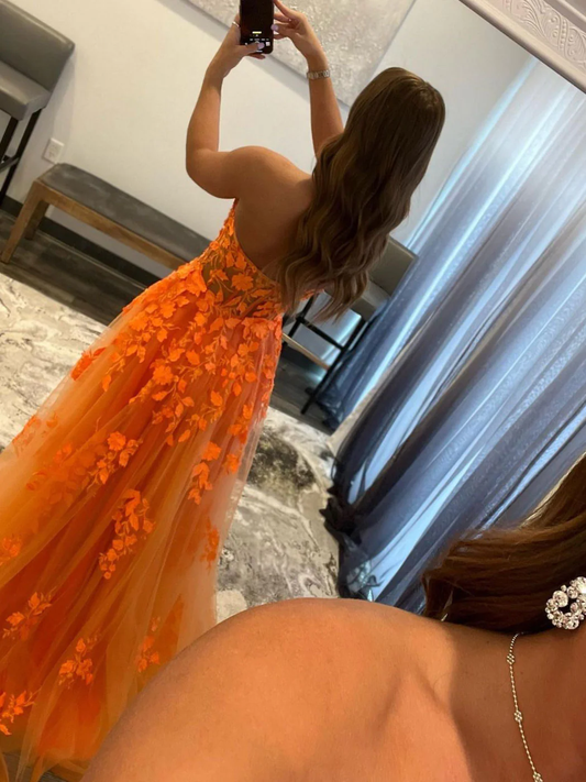 Orange Strapless A-Line Tulle Appliques Long Prom Dress,DP1084