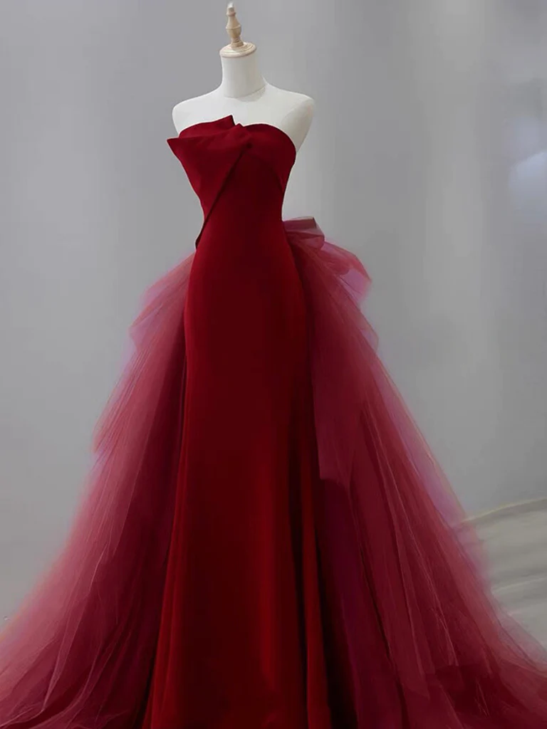 Burgundy Strapless Mermaid Tulle Formal Prom Dress,DP1086