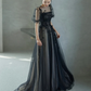 A-Line Short Sleeves Tulle Formal Long Prom Dress,DP1087