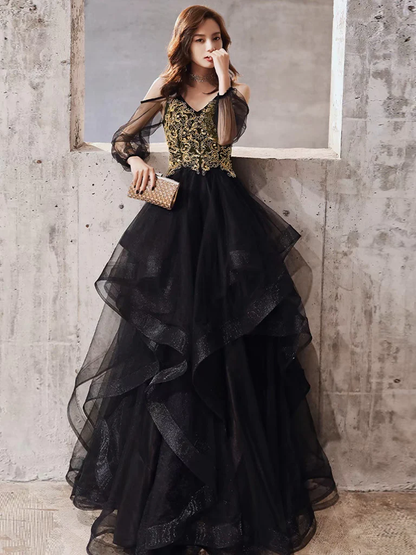 Black Long Sleeves Tulle Long Prom Dress with Gold Appliques,DP1090