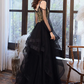 Black Long Sleeves Tulle Long Prom Dress with Gold Appliques,DP1090